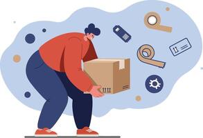 Man carrying heavy cardboard box with packing tape and shipping labels illustration in modern style vector