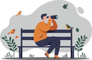 Man in orange sweater birdwatching with binoculars on park bench in nature setting illustration vector