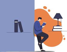 Man reading book leaning on modern bookshelf with lamp and books in cozy room illustration vector