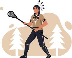 Female lacrosse player in action with stick and ball in outdoor natural setting illustration vector