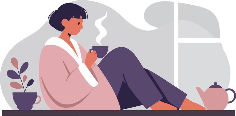 Woman Relaxing Drinking Hot Tea Sitting by Window in Cozy Home Environment in Minimalist Illustration