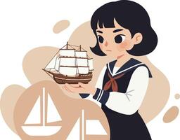 Girl in sailor uniform holding model ship with sailboat shadows in background illustration vector