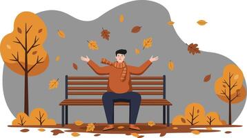 Man enjoying autumn park sitting on bench with falling leaves in orange and brown colors illustration vector