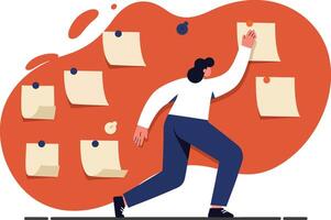 Person organizing sticky notes on wall with orange background illustration for productivity and planning concepts vector