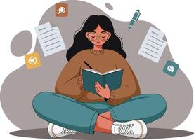 Woman Reading Book with Floating Documents and Stationery Illustration in Casual Pose vector
