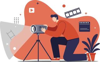 Man Using Film Projector for Presentation and Entertainment with Red Background Elements vector