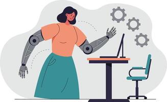 Female cyborg working on laptop with gears symbolizing technology and automation in flat illustration vector