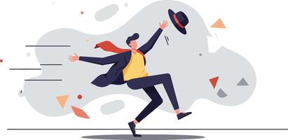 Man Dancing Joyfully Wearing Yellow Shirt and Black Hat Illustration with Dynamic Movement and Abstract Background vector