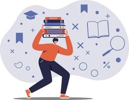 Student carrying heavy stack of books with educational icons and symbols around, learning and study concept illustration vector