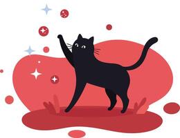 Black cat playing with red and blue bubbles on abstract red background illustration vector