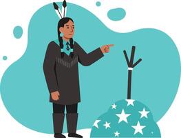 Native American man in traditional attire pointing at a small decorated tree with star patterns illustration vector