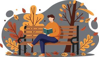 Man reading book on park bench surrounded by autumn trees and fallen leaves illustration vector