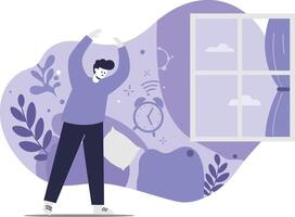 Person stretching in morning waking up routine with alarm clock and window illustration in purple tones vector