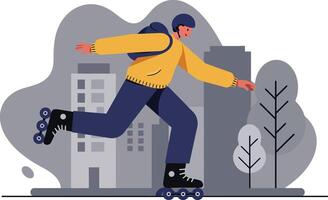 Young man roller skating in urban park with buildings and trees background illustration vector