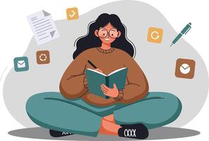 Woman reading book surrounded by icons representing learning and communication in casual sitting pose illustration vector