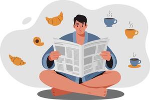 Man Reading Newspaper Relaxing With Coffee and Pastries Illustration in Casual Morning Setting vector