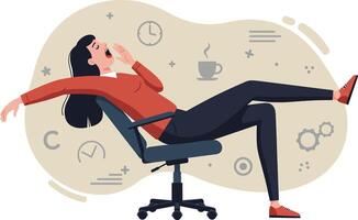 Woman Relaxing on Office Chair Taking a Break from Work with Coffee and Clock Background Elements vector