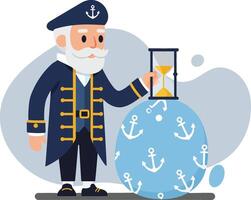 Old sea captain holding hourglass with anchor patterned globe marine navigation concept illustration vector