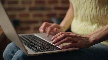 Unknown Caucasian business woman using laptop hands typing businesswoman working computer device female arms touching keyboard freelancer browsing internet online shopping writing mail chatting indoor video