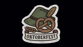 Oktoberfest Sticker with Hat and Pretzel Unfolded Animation. Alpha channel transparency video