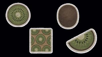 Set of Vintage Kiwi Slices Unfolded Sticker Animation. Alpha channel transparency video