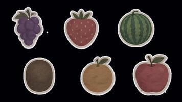 A vibrant and playful unfolded sticker animation featuring a set of vintage fruit slices apple orange grape kiwi strawberry and watermelon designed with alpha channel transparency video