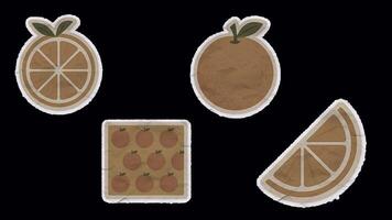 Set of Vintage Orange Slices and Fruit Slices Unfolded Sticker Animation. Alpha channel transparency video