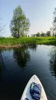 A paddle board is in the water near a grassy field video
