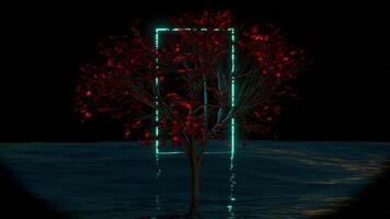 a tree in the water with a neon sign loop animated video