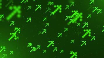 Glowing green pixelated digital arrows and particles streaming across the frame. Retro technology concept. Full HD and looping animation. video