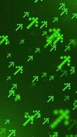 Glowing green pixelated digital arrows and particles streaming across the frame. Retro technology concept. Full HD and looping vertical animation. video