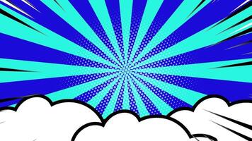 Blue comic book background with halftone rays and animated cloud frame. Bold retro pop art style for action intros, transitions, or fun media content. video