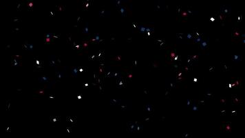 Red white and blue confetti explodes from the bottom of the frame then double pops and falls glittering. 4th of July celebration concept. Overlay with transparent alpha channel. video