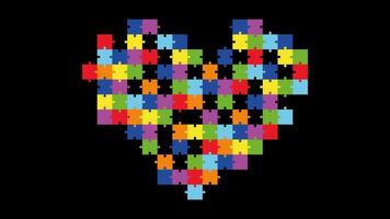 Animated Colorful Puzzle Heart with Transparent Alpha Channel. Symbol of Autism Awareness, Unity, and Love. Bright Jigsaw Pieces Forming Heart Shape for Education, Events, and Kids Projects. video
