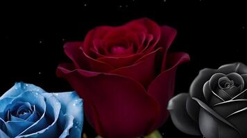 Animated Blue, Red, and Black Roses Bloom on a Dark Background with Bokeh Effect Elegant Floral Animation video