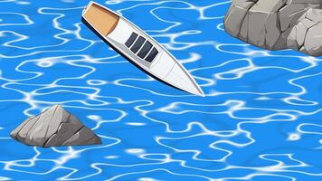Animated boat navigating bright blue water with rocks - Top-down view of a small vessel on a stylized ocean surface with sunlight reflections video
