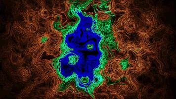 Dynamic Abstract Art Visualization Swirling Patterns of Blue and Green Transforming Organic Forms Surrounded by Energetic Orange Textures and Flowing Lines on a Dark Background. video