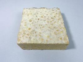 Studio shot of a block of tempeh, fermented soybean cake, on a white surface photo