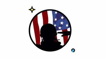Animated Made in uk a Soldier saluting an american flag in a circular design. video