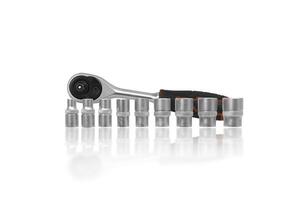 Socket Wrench Set or Ratchet Tools Set, A complete set of silver socket wrenches and a ratchet are arranged on a white background. photo