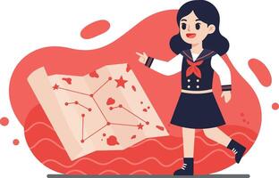 Girl exploring star constellation map in educational astronomy illustration with red background elements vector