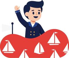 Happy boy playing with red boat toys featuring white sails in playful ocean waves illustration vector