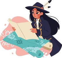 Young woman wizard reading ancient magical scrolls with feather pen in fantasy illustration vector