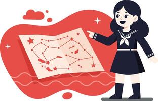 Girl exploring star constellation map in navy blue uniform with red abstract background illustration vector