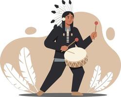 Native American man playing traditional drum with feathers and beads in cultural attire illustration vector