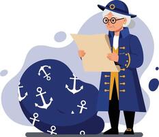Captain reading nautical map illustration with anchor pattern background and maritime theme vector