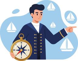 Male sailor holding compass with sailing ships background illustration in navy uniform vector