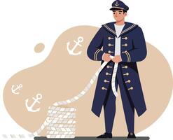 Sailor in navy uniform holding rope with anchors background illustration for maritime theme design vector