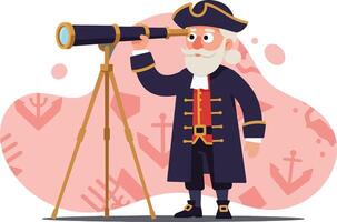 Old Man Looking Through Telescope Illustration in Historical Attire with Pink Background vector