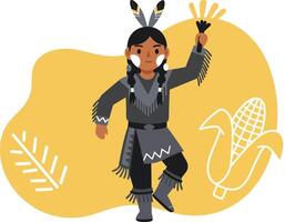 Native American child in traditional dress holding a feather with yellow corn and leaf background illustration vector